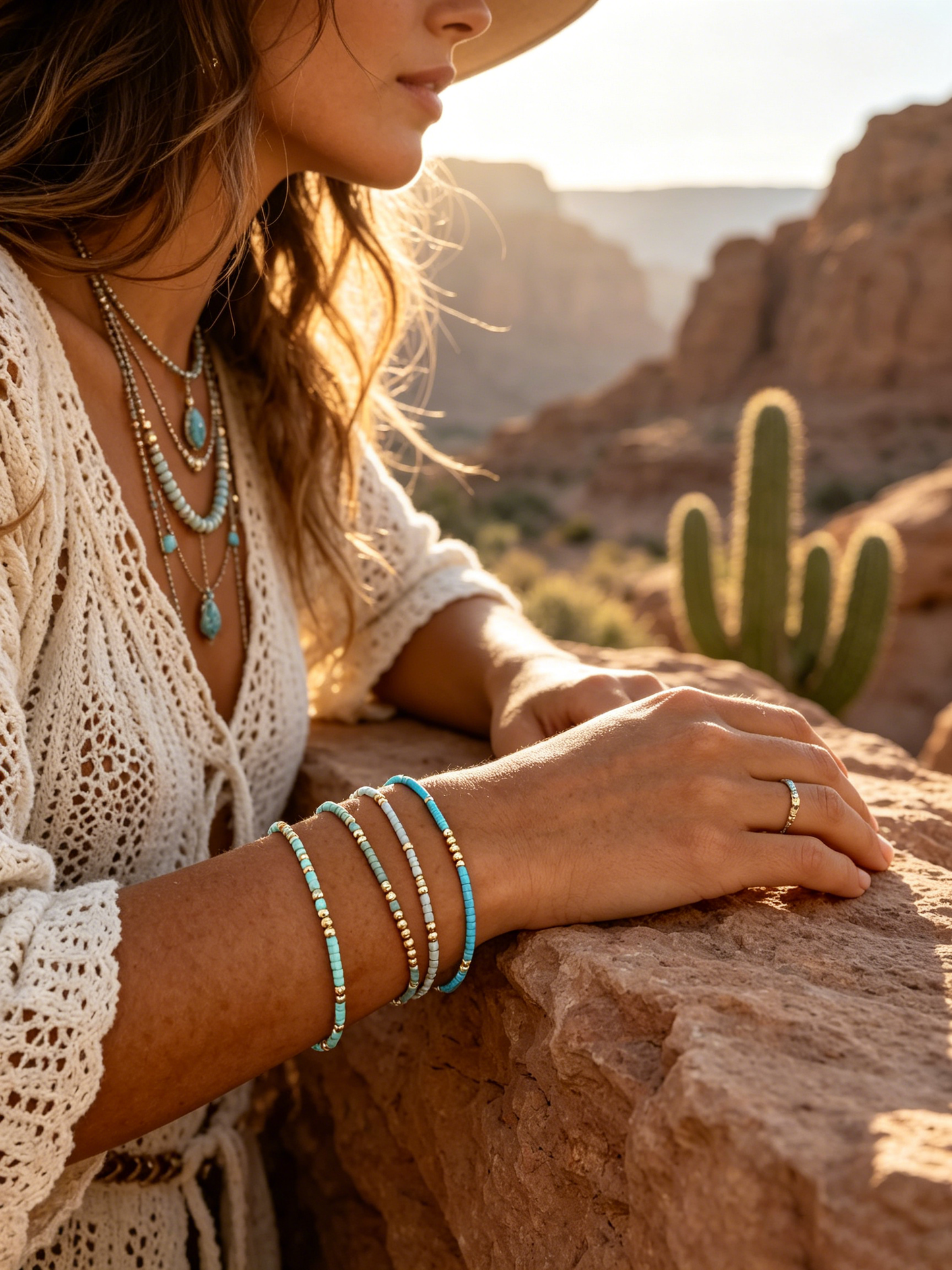 Turquoise Bliss Beaded Bracelet Set | 4 Stylish Gold Seed Bead Stretch Bracelets for Confident Women