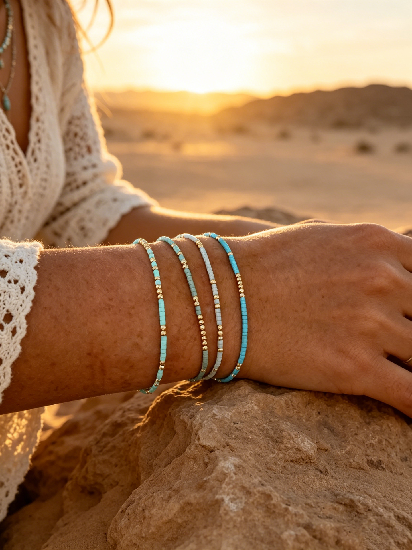 Turquoise Bliss Beaded Bracelet Set | 4 Stylish Gold Seed Bead Stretch Bracelets for Confident Women