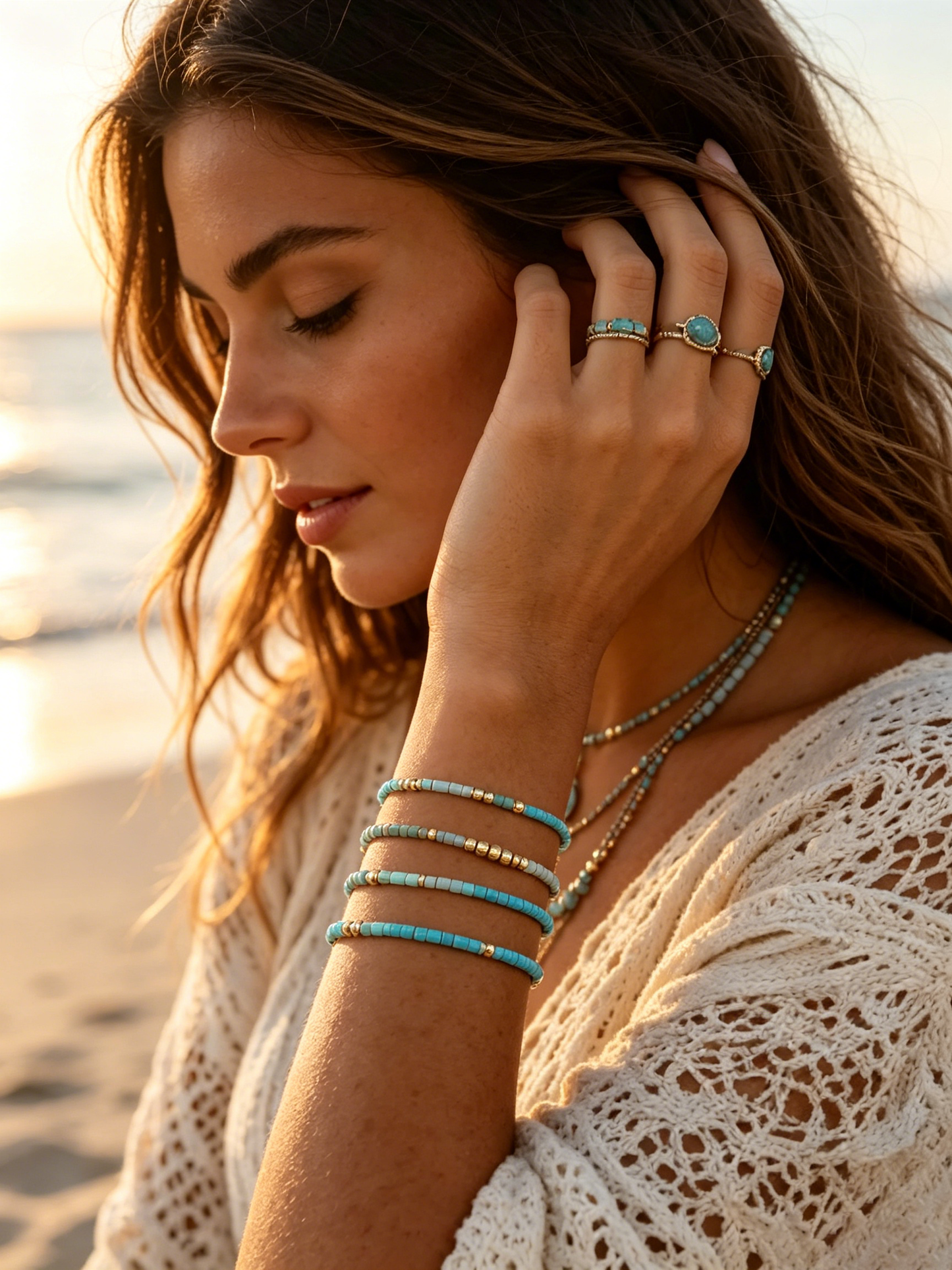 Turquoise Bliss Beaded Bracelet Set | 4 Stylish Gold Seed Bead Stretch Bracelets for Confident Women