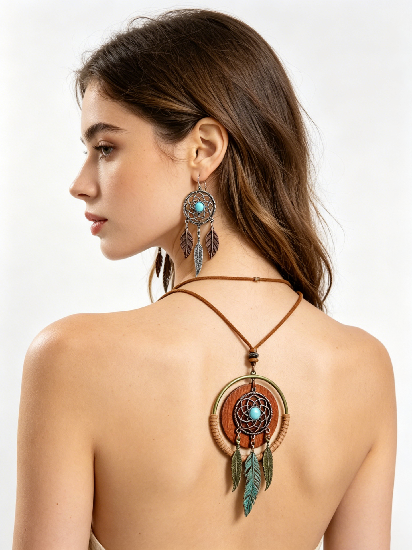Boho Turquoise Dreamcatcher Jewelry Set | Vintage Feather Pendant Necklace & Earrings