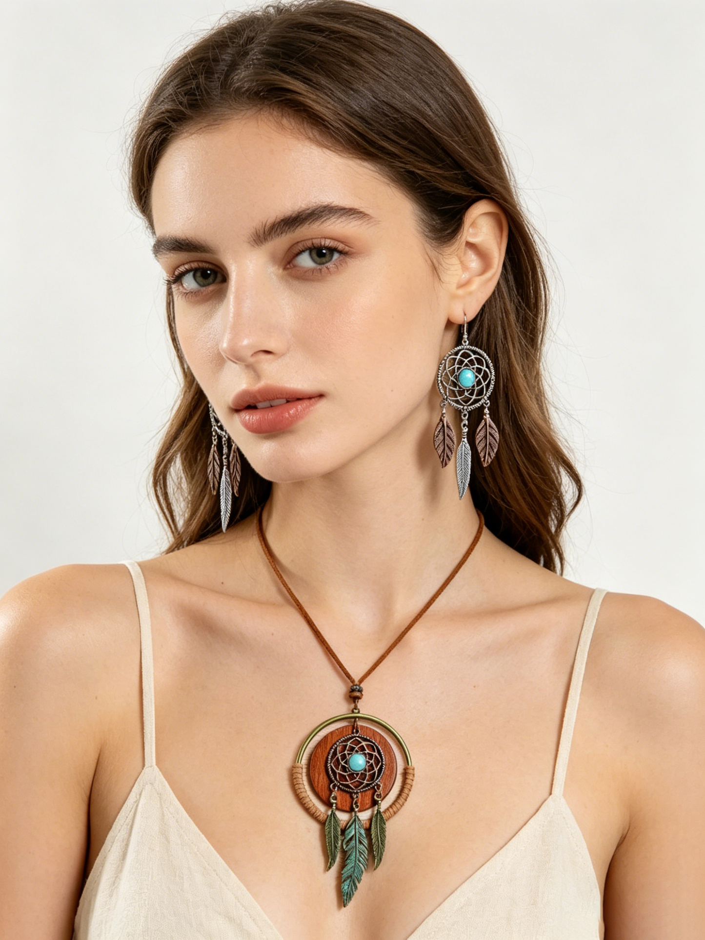 Boho Turquoise Dreamcatcher Jewelry Set | Vintage Feather Pendant Necklace & Earrings