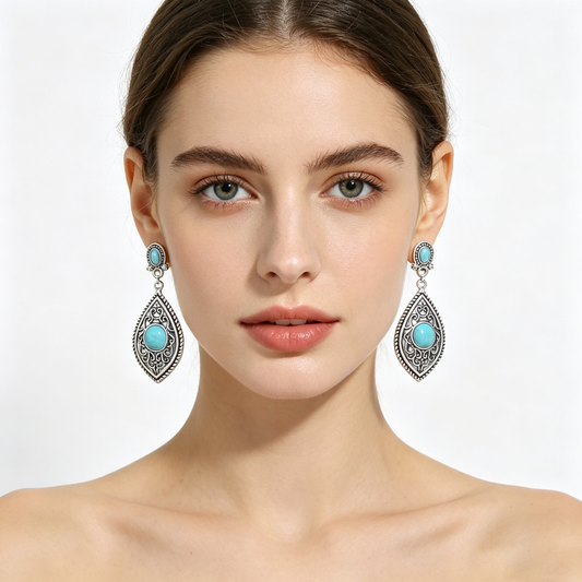 Boho Turquoise Drop Earrings | Vintage Feather & Geometric Silver Earrings for Women