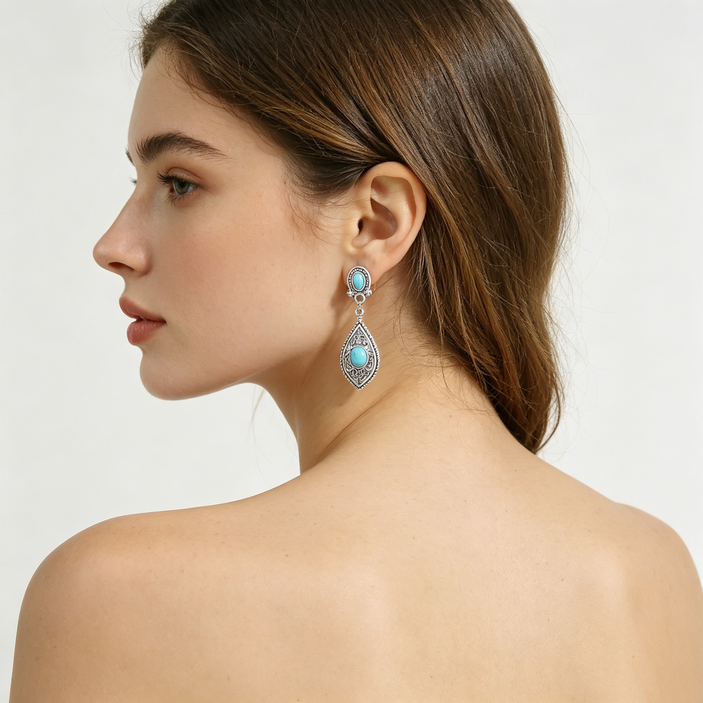 Boho Turquoise Drop Earrings | Vintage Feather & Geometric Silver Earrings for Women