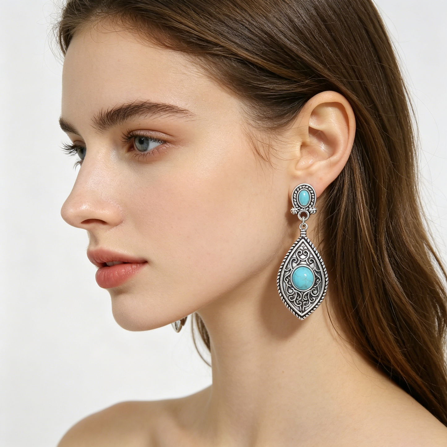 Boho Turquoise Drop Earrings | Vintage Feather & Geometric Silver Earrings for Women