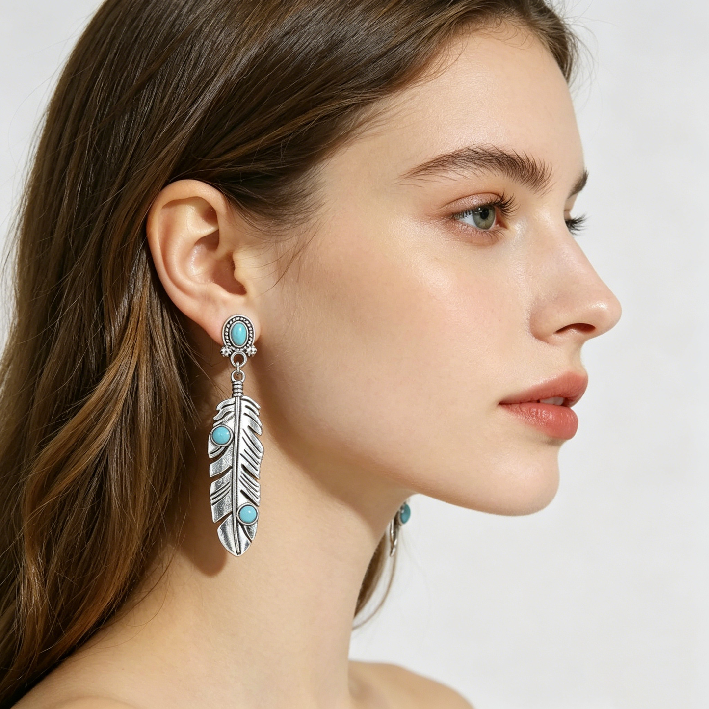 Boho Turquoise Drop Earrings | Vintage Feather & Geometric Silver Earrings for Women