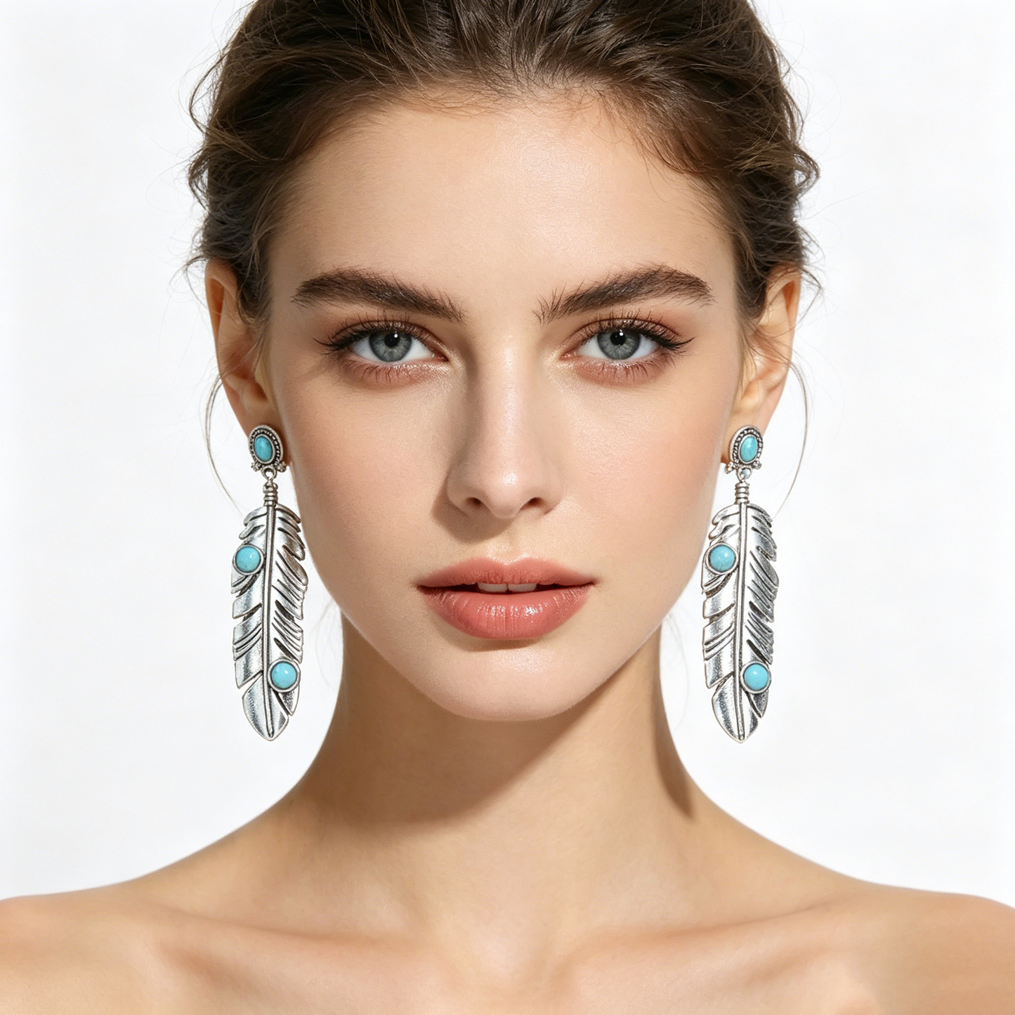 Boho Turquoise Drop Earrings | Vintage Feather & Geometric Silver Earrings for Women