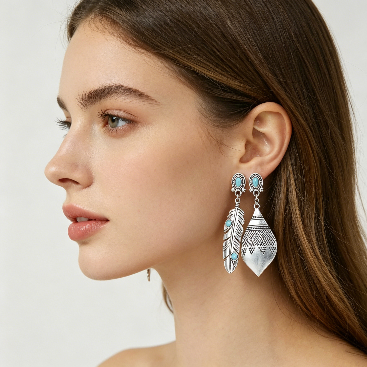 Boho Turquoise Drop Earrings | Vintage Feather & Geometric Silver Earrings for Women