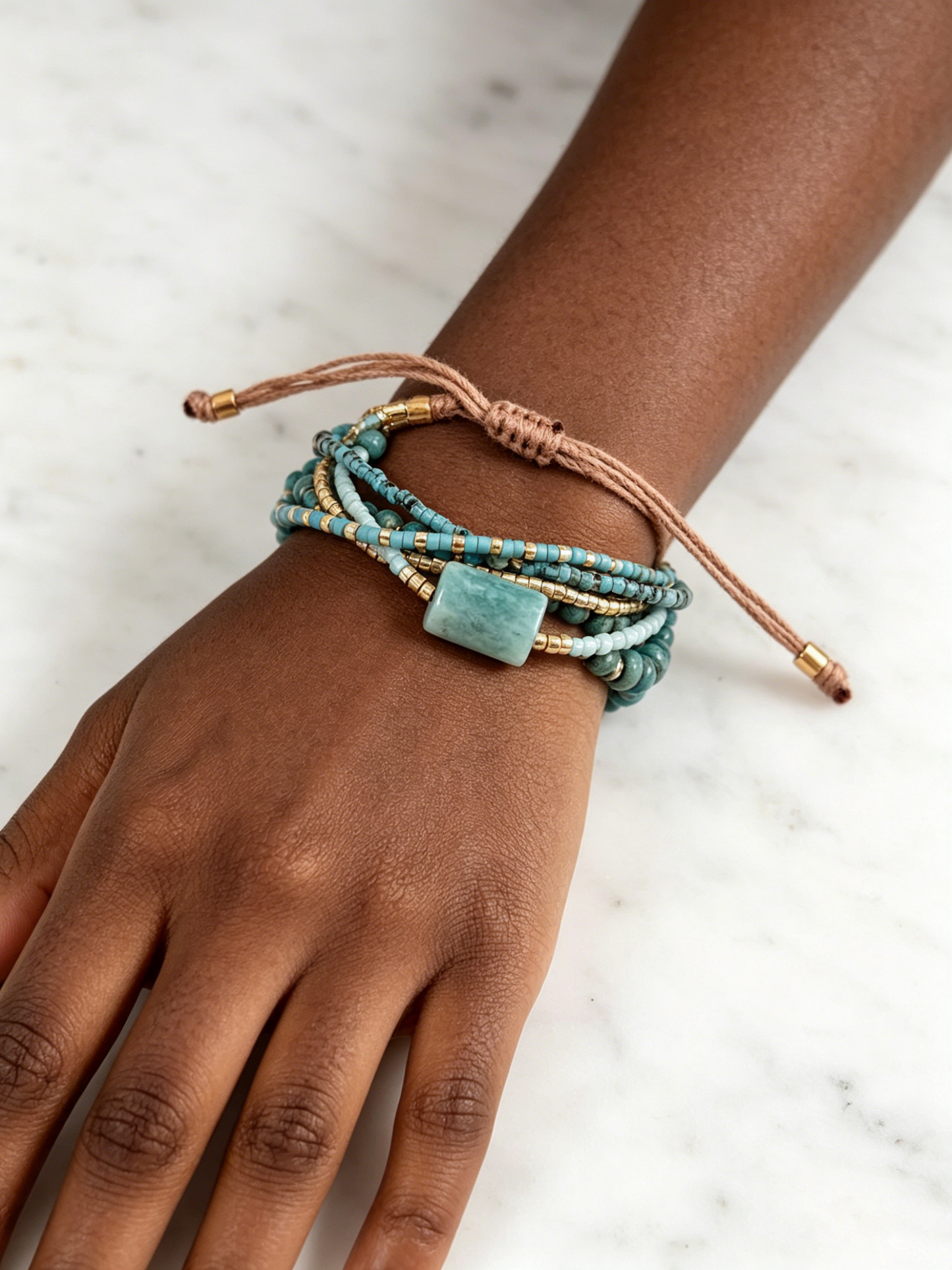 Desert Sky Turquoise Beaded Bracelet – Adjustable Boho Layered Wrist Wrap