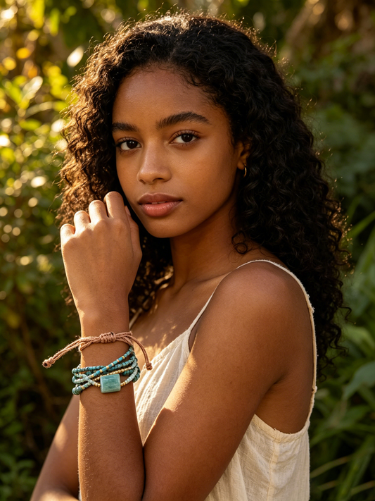 Desert Sky Turquoise Beaded Bracelet – Adjustable Boho Layered Wrist Wrap